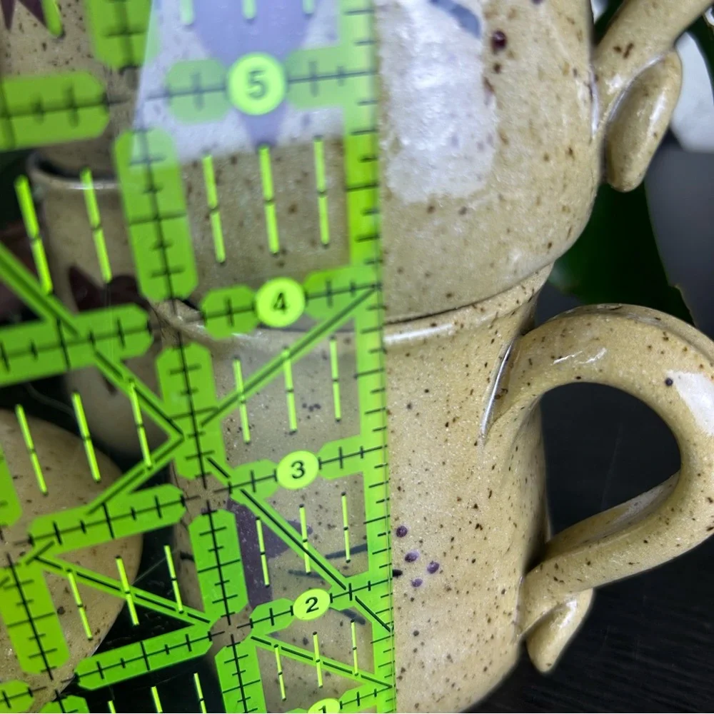 Studio Pottery Tea Set Stoneware Teapot and Four Mugs Heart Star Motif Primitive